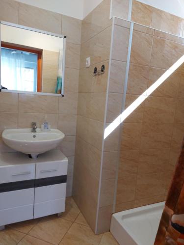 a bathroom with a shower and a sink at Potyka Apartman in Tiszafüred