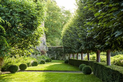 a garden with bushes and trees and a path at Manoir des Basses Rivières in Rochecorbon