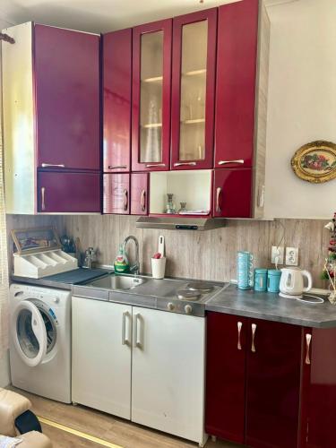 a kitchen with purple cabinets and a washing machine at Feniks apartman in Apatin