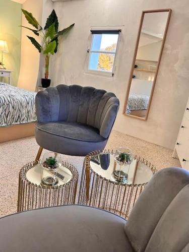 - un salon avec un canapé, une chaise et un miroir dans l'établissement Les logis de la Combette appartement 2 personnes, à Saint-Rémy-de-Provence