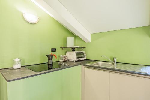 a green kitchen with a sink and a microwave at Green House in Marina dʼAndora