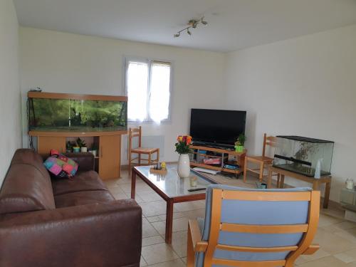 - un salon avec un canapé et un aquarium dans l'établissement Chez Thai et Isabelle, à Oissery