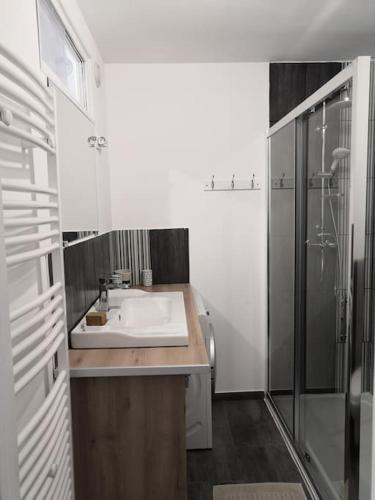 une salle de bain blanche avec un lavabo et une douche dans l'établissement Les Arcades, T2 en hypercentre, à La Rochelle