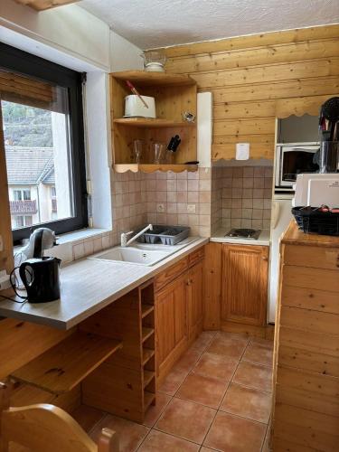 eine Küche mit Holzschränken und einem Waschbecken in der Unterkunft Grand bec in Brides-les-Bains