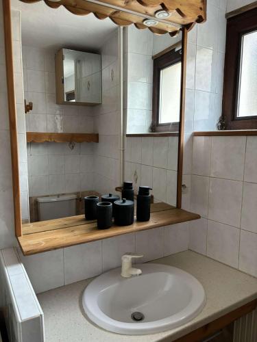 ein Bad mit einem Waschbecken und einem Spiegel in der Unterkunft Grand bec in Brides-les-Bains