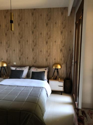 a bedroom with a large bed and wooden walls at Villa Under Meteora in Kalabaka