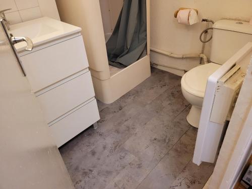a bathroom with a toilet and a sink and a shower at Appartement silencieux avec une belle vue . in Morez