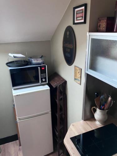a kitchen with a microwave on top of a refrigerator at Camera et Caetera Chambres d'hôtes B&B in Roubaix