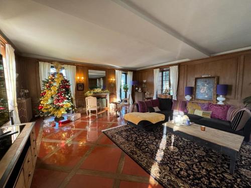 a large living room with a christmas tree in it at La plaine de l'Angelus in Chailly-en-Bière