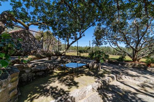 a pool in a yard with a stone wall and trees at Apartman Mario in Korčula