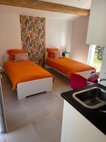Cette chambre comprend 2 lits avec des draps orange et un lavabo. dans l'établissement La villa Rosa, à Bédoin