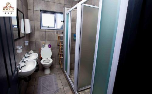 a bathroom with a toilet and a sink and a shower at JFT self catering units in East London