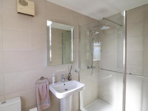 a white bathroom with a shower and a sink at Sea's The Dream in Clonakilty