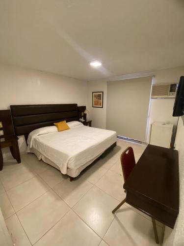 a bedroom with a bed and a desk and a chair at Hotel Metropol in San Miguel de Tucumán