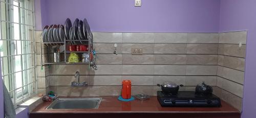 a kitchen counter with a sink and a stove at Small house in boshan kathmandu in Dakshīnkāli