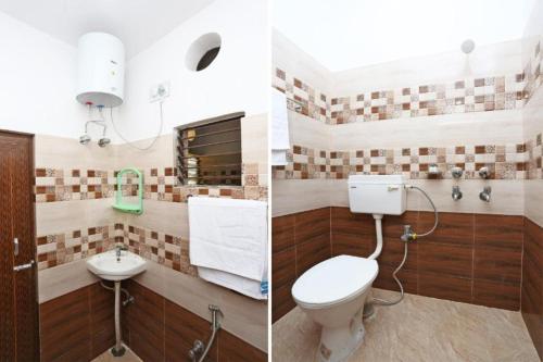 - deux photos d'une salle de bains avec toilettes et lavabo dans l'établissement Hotel Madison Patia Inn Bhubaneswar, à Bhubaneswar