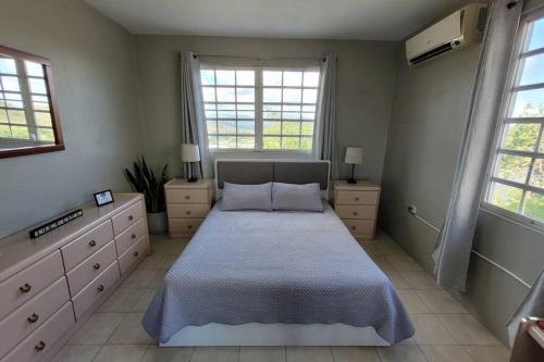 1 dormitorio con 1 cama grande y 2 ventanas en Coamo Beautiful house, AC, 10min Coamo hot springs, en Coamo