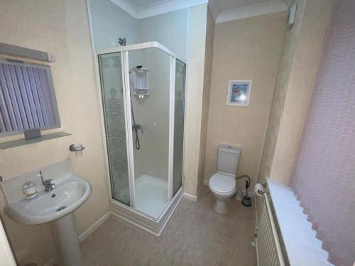 a bathroom with a shower and a toilet and a sink at THE WILFORD HOTEL in Blackpool