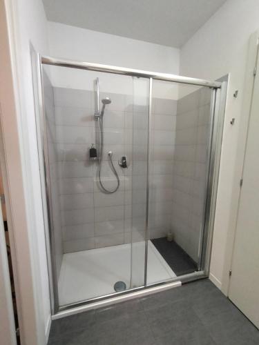 a shower with a glass door in a bathroom at Appartamento Loft in Turin