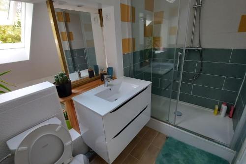 une salle de bain avec toilettes, lavabo et douche dans l'établissement F3 avec salle de jeux, terrasse et grand jardin, à Villevaudé