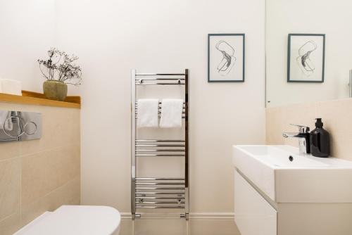 ein Bad mit einem WC und einem Waschbecken in der Unterkunft The Tooting Hideout - Dazzling 3BDR Flat with Balcony in London