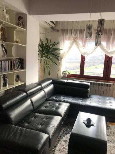 a black leather couch in a living room with a window at Sunny Luxury Apartment 2BDR in Bitola