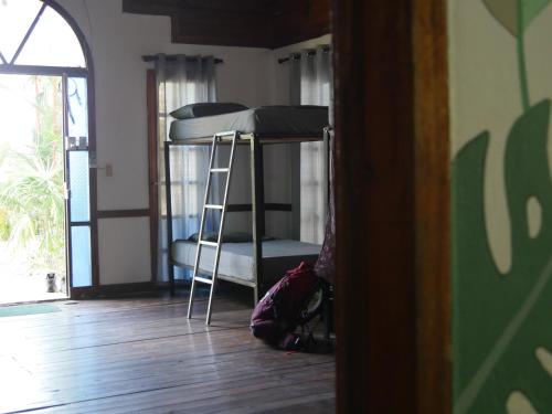 a room with a bunk bed and a ladder at Hotel Mandacarú Puerto Viejo in Puerto Viejo