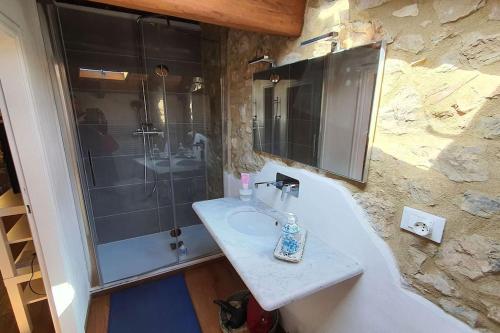 a bathroom with a sink and a shower at Il Cantuccio Proprietà in Pescaglia