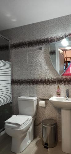 a bathroom with a toilet and a sink and a mirror at tokastro in Arachova