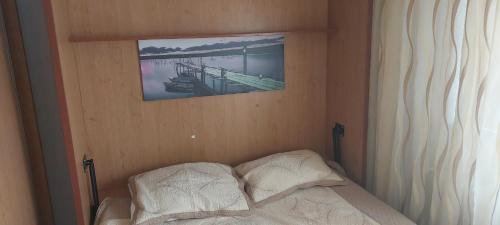 コンスタンツァにあるApartamentの壁に絵が描かれたベッドルームのベッド1台