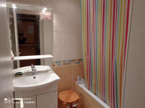 une salle de bain avec un lavabo et un rideau de douche dans l'établissement Appartement de 2 pièces exposé Sud/Ouest avec balcon et vue montagnes à Tignes - FR-1-449-185, à Tignes