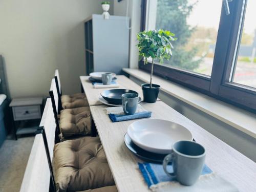 a dining room table with plates and mugs on it at LENASTAY I Modernes Apartment-Studio near Uni in Kaiserslautern
