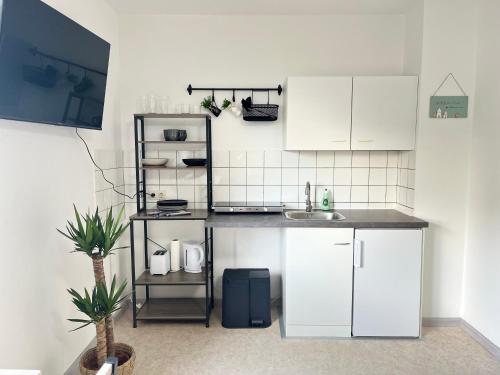 eine Küche mit weißen Schränken und einem Waschbecken in der Unterkunft Modernes Apartment-Studio in Kaiserslautern