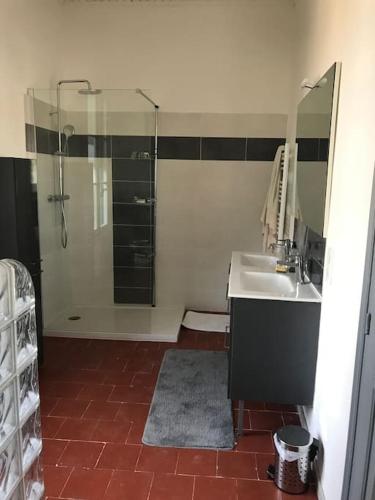une salle de bain avec douche et lavabo dans l'établissement Maison 21, agréable maison de ville avec piscine, à Sommières