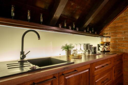 eine Küche mit Spüle und Ziegelwand in der Unterkunft Studio apartman & Wine House ONDINE in Zmajevac