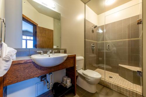 a bathroom with a sink and a toilet and a shower at Copper Horse Lodge in Golden