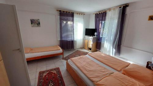 a bedroom with two beds and a television in it at Badacsonyi családi privát házak in Badacsonytomaj