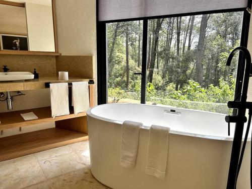 a bath tub in a bathroom with a window at Cabaña Roble Boutique en Avándaro, Valle de Bravo in Valle de Bravo