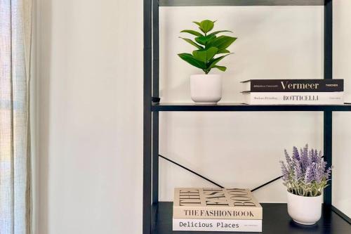 a black book shelf with plants and books at Veda Vista - Newly renovated - Rustic Modern Home in Harpers Ferry