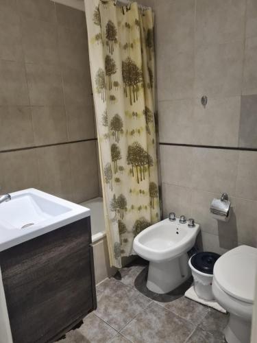 a bathroom with a sink and a toilet and a shower curtain at Hotel Firenze in Necochea