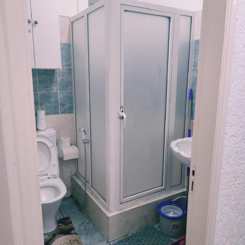 a bathroom with a toilet and a shower and a sink at White Sand Cabana in Flic-en-Flac