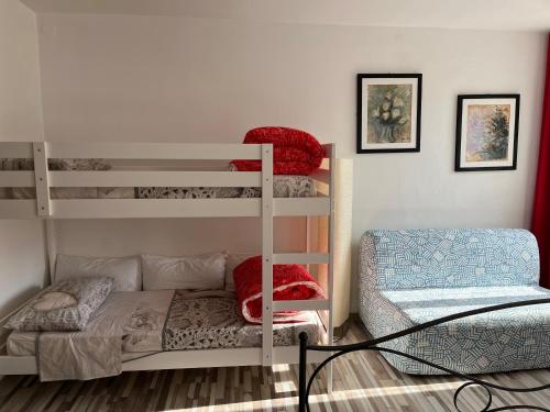 コルモンスにあるErikasa Riva della Torre Cormonsの二段ベッド2台とベッド1台が備わる客室です。