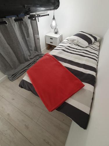 une chambre avec un lit avec un oreiller rouge dessus dans l'établissement Duplex avec mezzanine au cœur de la ville de nancy, à Nancy