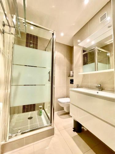 une salle de bain avec une douche, un lavabo et des toilettes dans l'établissement Bel appartement Centre ville, mer, Croisette, à Cannes