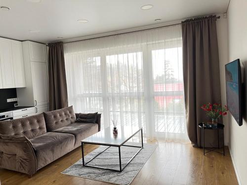 a living room with a couch and a table at Slenio Apartamentai in Kaunas