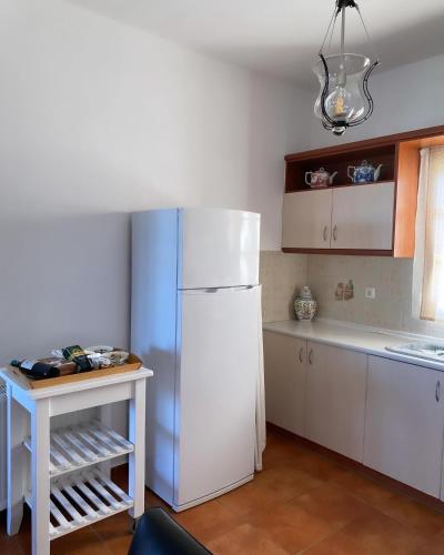 a kitchen with a white refrigerator and a table at Nereid Skyros House in Skiros
