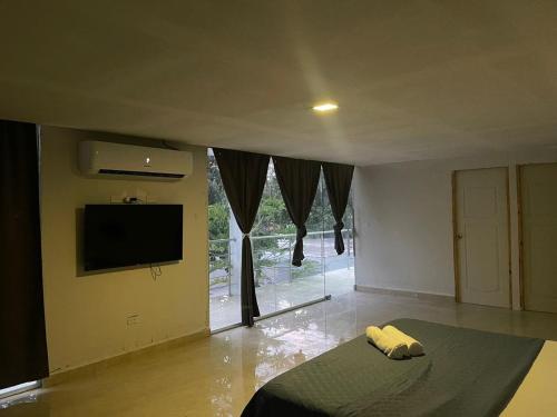 a living room with a bed and a television and a window at Gorgona Beach House in Nueva Gorgona