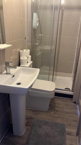 a bathroom with a toilet and a sink and a shower at 43A ground floor apartment in London