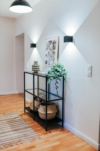 a room with a black shelf with a potted plant at namastay! Stilvoll Wohnen im Herzen von Mannheim in Mannheim
