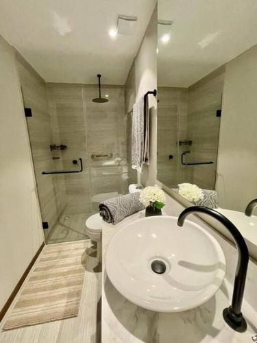 a bathroom with a sink and a toilet and a shower at Nuevo y Moderno Depto en Tizate in Nuevo Vallarta